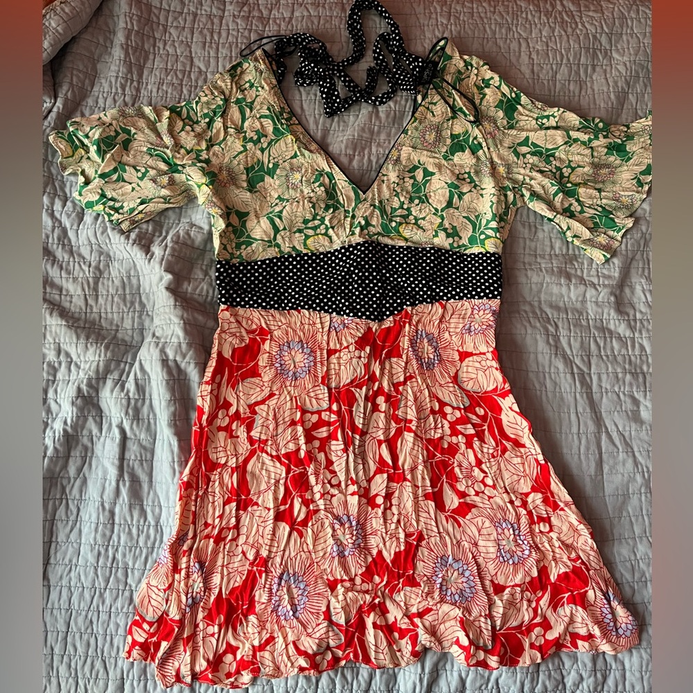 Topshop Floral Patchwork Mini Dress - Green, Red, Black